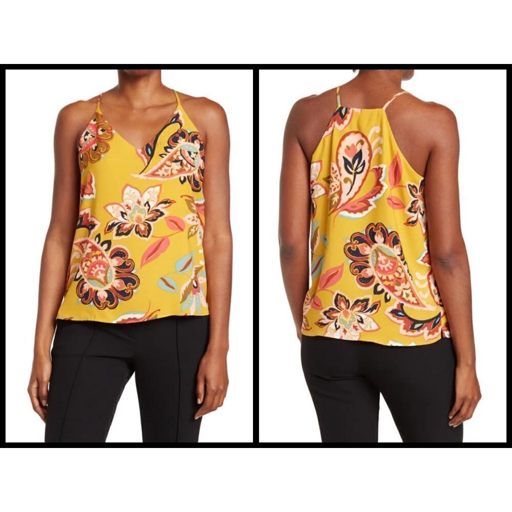 ๐T TAHARI๐ V-Neck Cami ~ Yellow Multi-Color Bright Paisley Swirl XS NWT